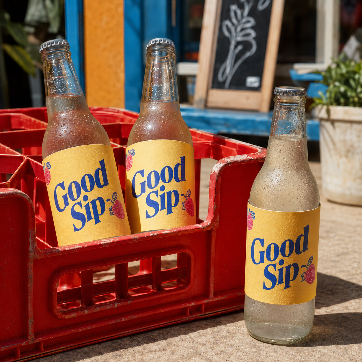 Custom beverage sleeve/label in yellow with navy "Good Sip" logo and fruit graphic, wrapped around glass bottles in a red crate.