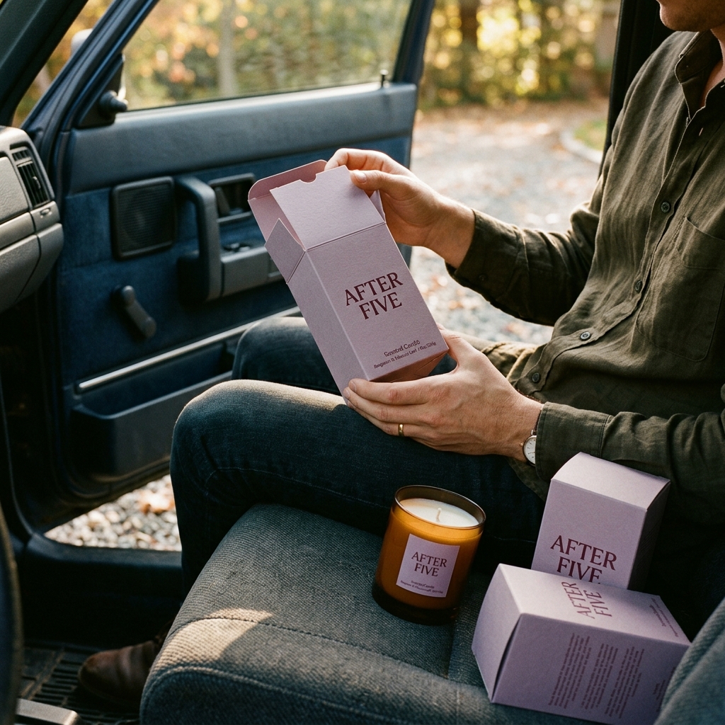 Custom candle box in lavender with maroon "After Five" text, tuck-style closure, shown open beside a filled candle and additional closed boxes.