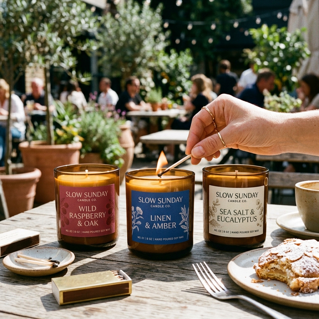 Custom candle labels in maroon, navy, and cream on amber glass jars, "Slow Sunday Candle Co." branding with scent names, one being lit with a match.