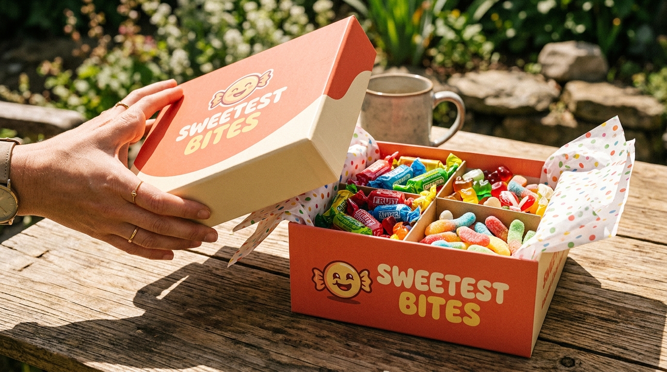 Custom candy box in cream and orange with "Sweetest Bites" branding, shown open with compartmented interior filled with wrapped candies and tissue paper.