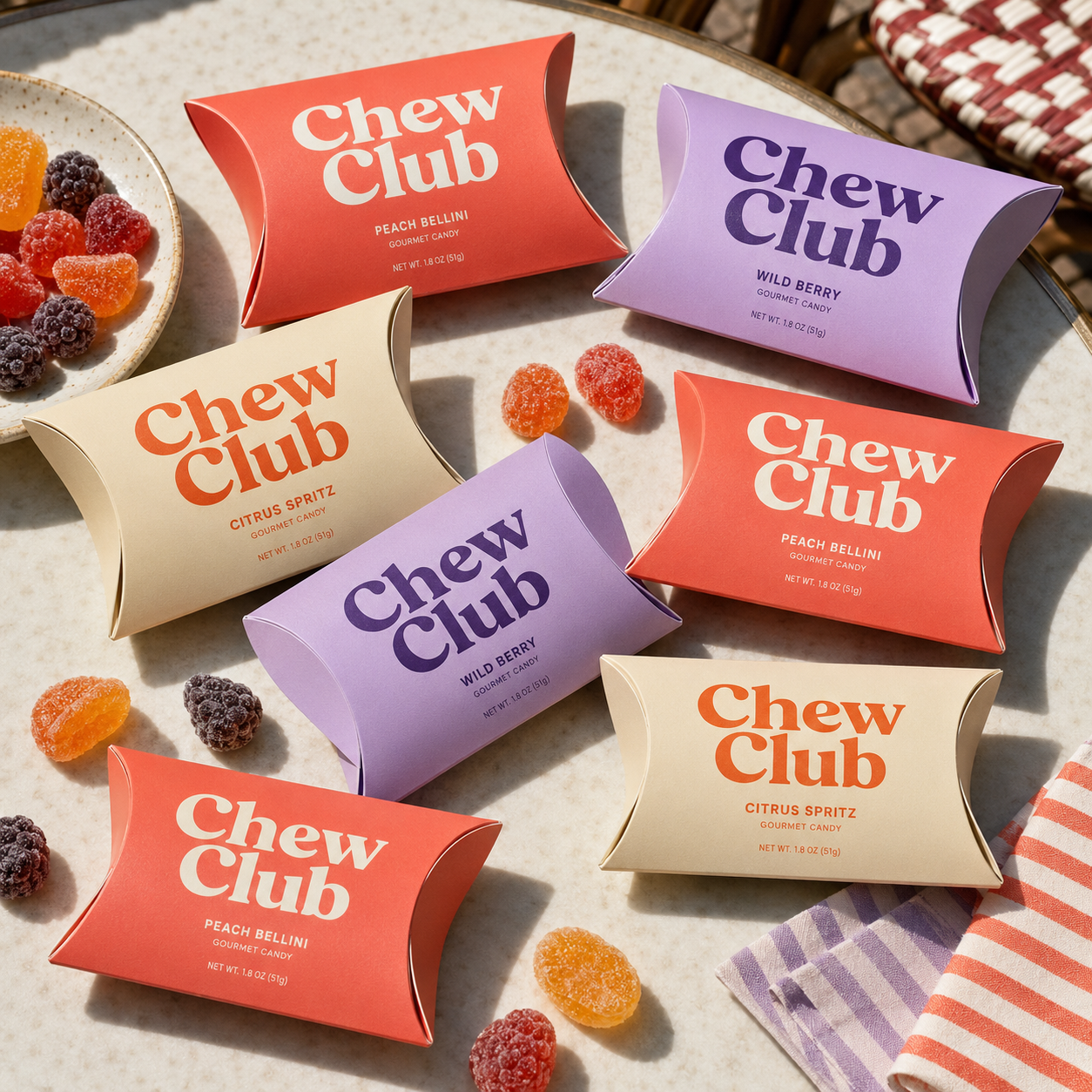 Custom candy pillow boxes in coral, cream, and lavender with "Chew Club" branding, shown grouped closed on a table with loose gummy candies.