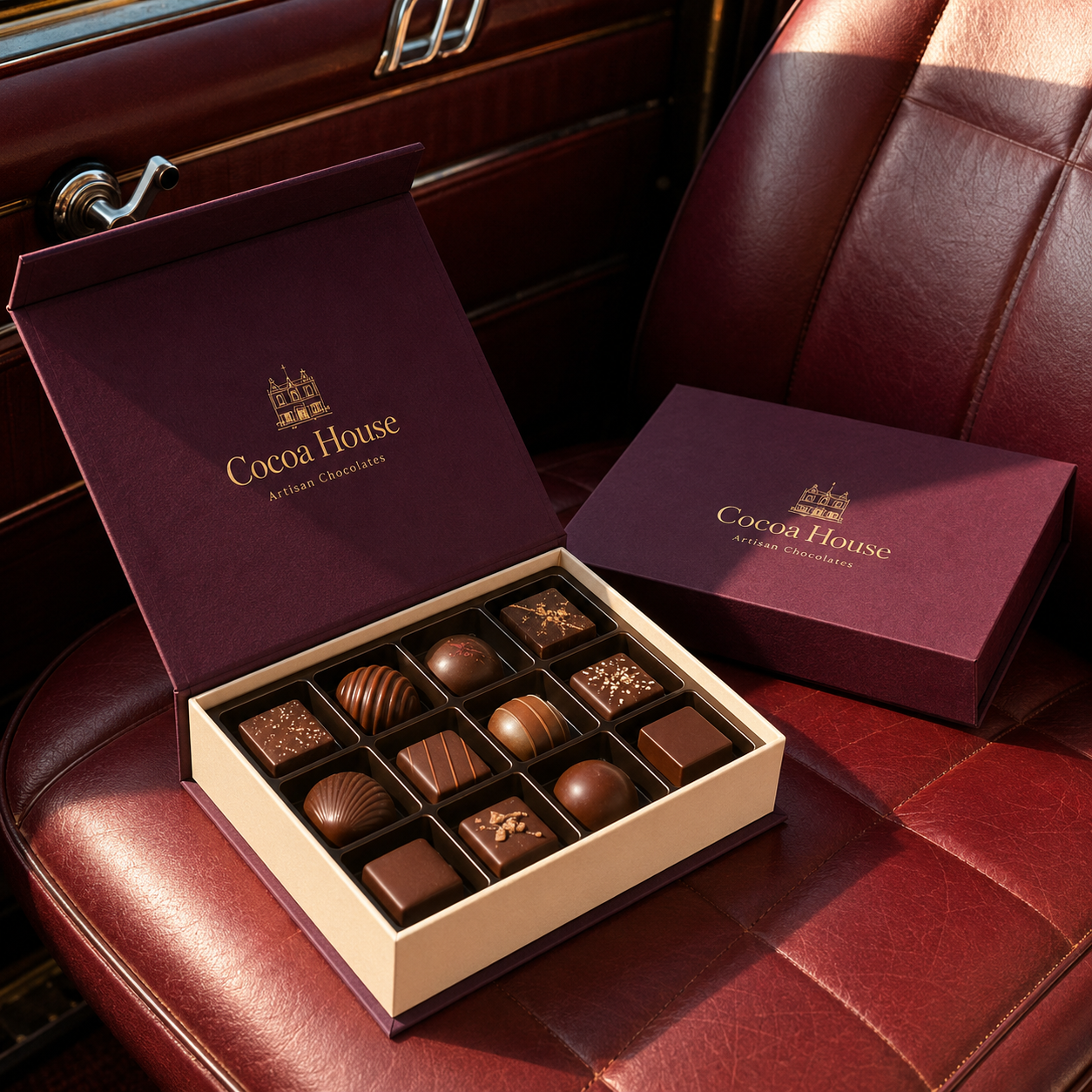Custom chocolate box in burgundy with gold "Cocoa House" foil branding and cream interior tray, shown open with assorted chocolates, closed box beside it.