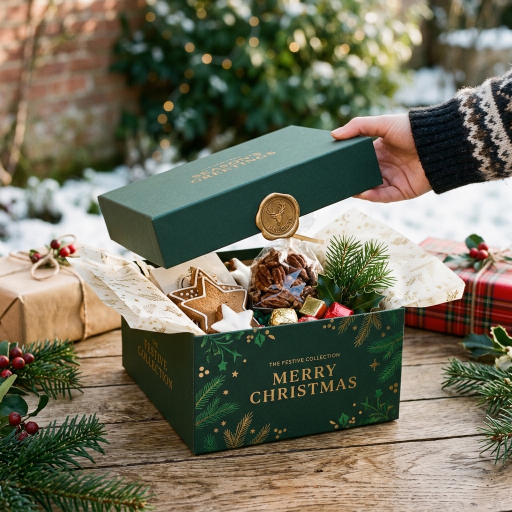 Custom Christmas box in dark green rigid paperboard with a lift-off lid and wax seal closure, shown open and filled with cookies, nuts, and wrapped candies, tissue paper visible inside.