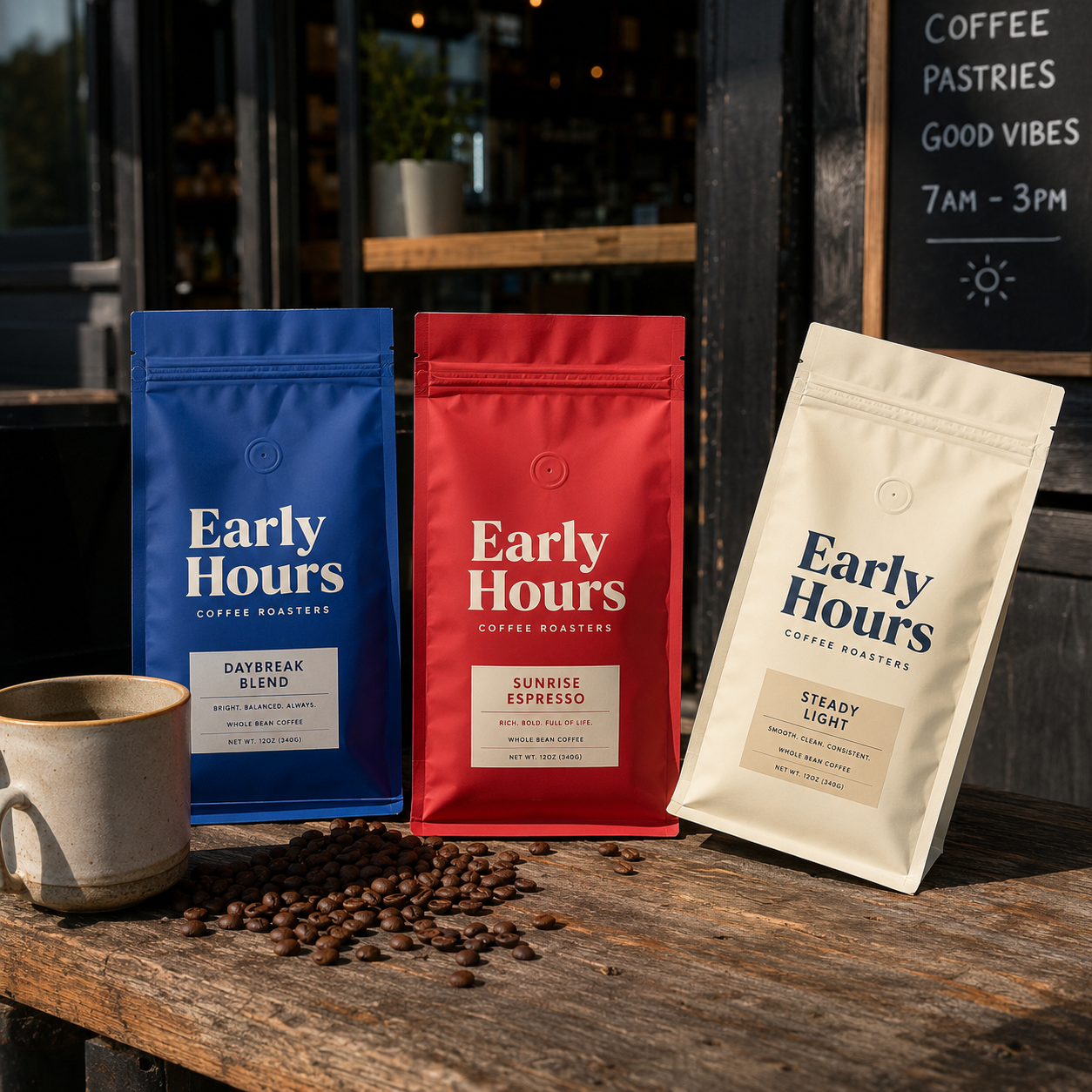 Custom coffee bags in blue, red, and cream stand-up pouch style with "Early Hours Coffee Roasters" branding, shown closed and upright on a table with loose coffee beans.