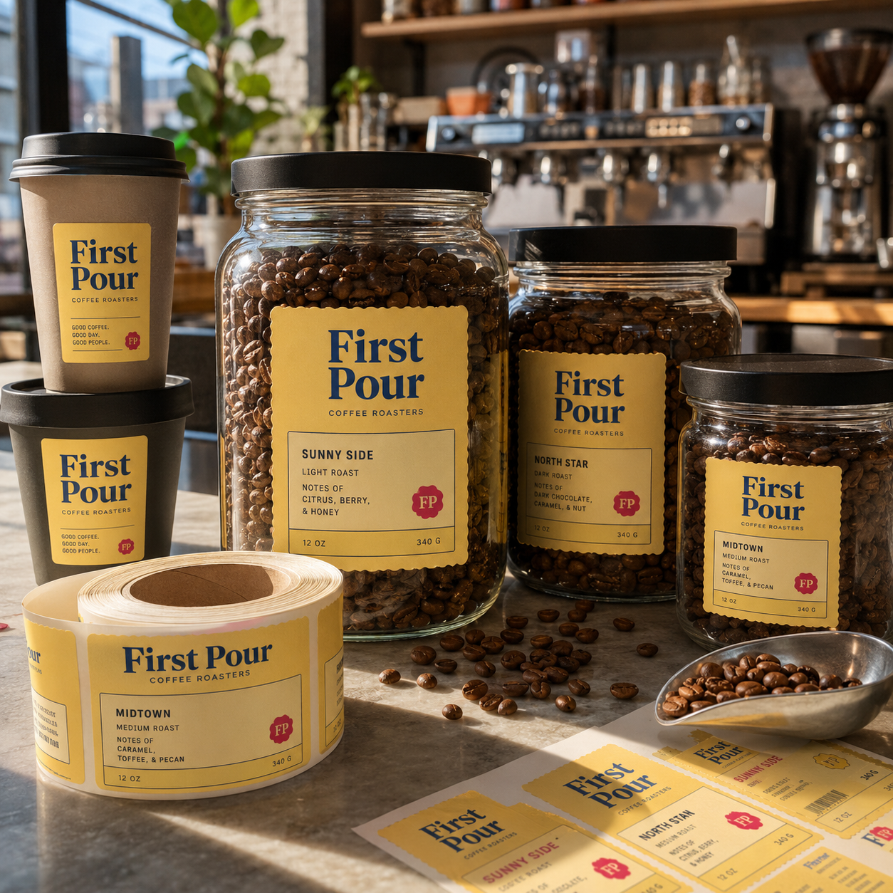 Custom coffee labels in yellow with "First Pour Coffee Roasters" branding, shown as a roll and applied to glass jars of coffee beans and paper cups.