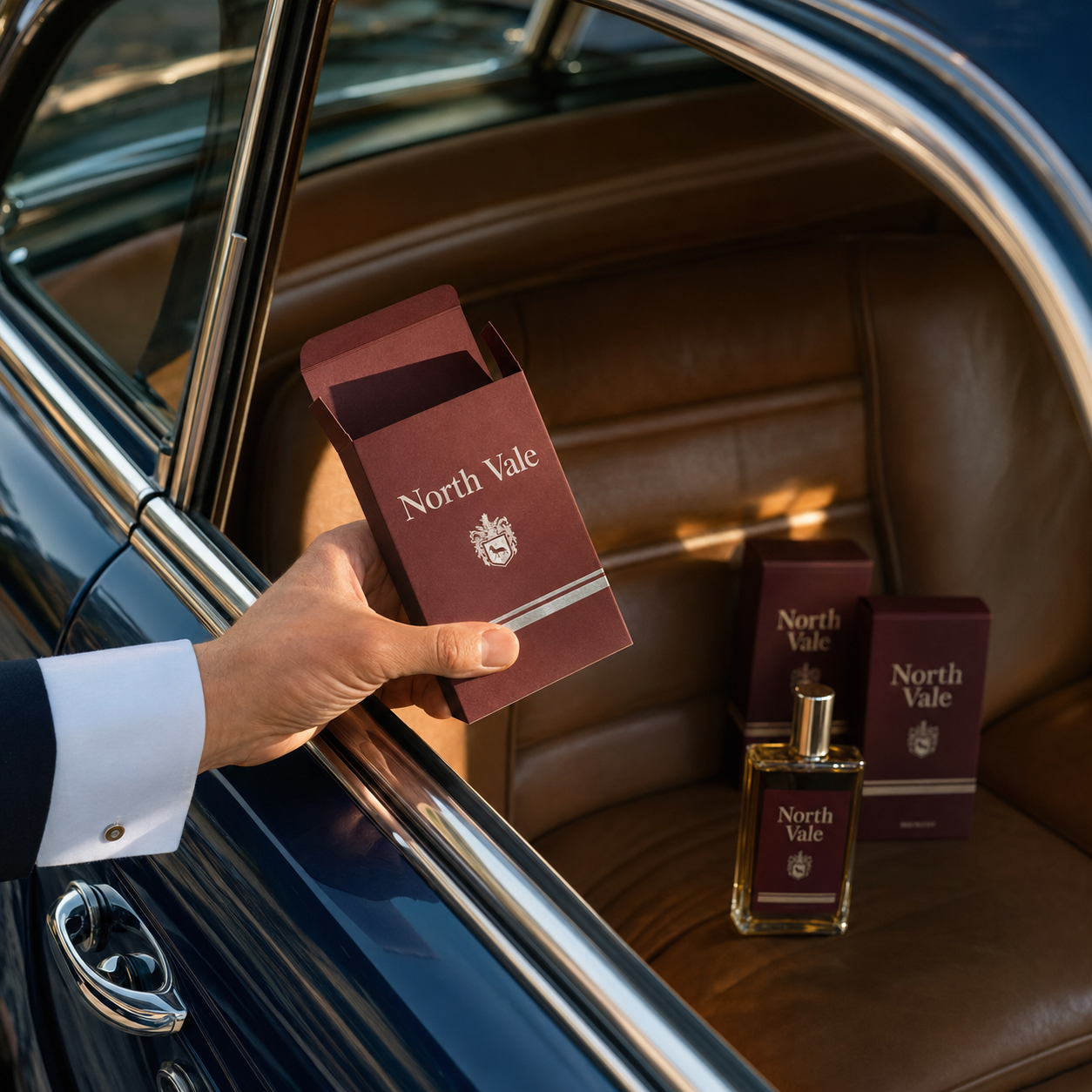 Custom cologne box in maroon with silver foil "North Vale" branding, shown open and held beside closed boxes and a glass cologne bottle.
