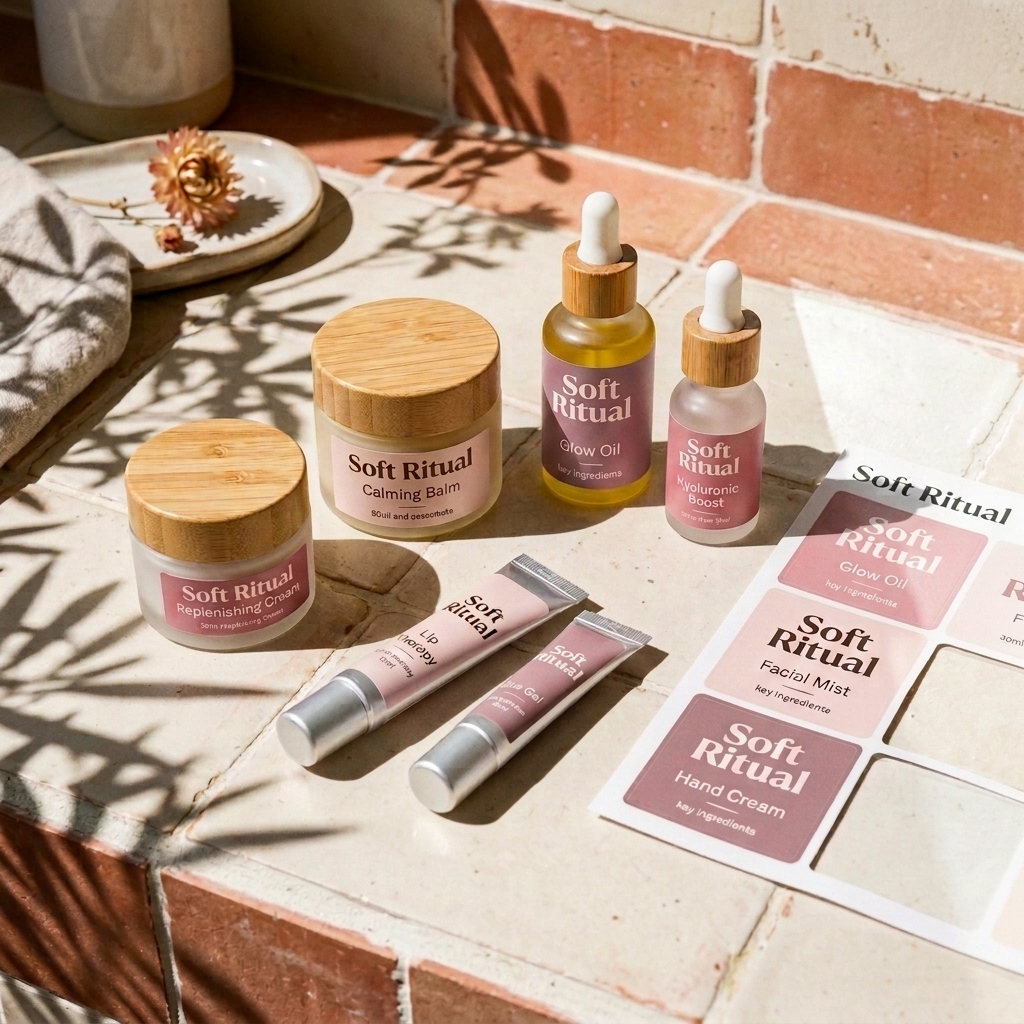 Custom cosmetic labels in dusty rose with "Soft Ritual" branding, shown as a sheet and applied to jars and dropper bottles of skincare products.