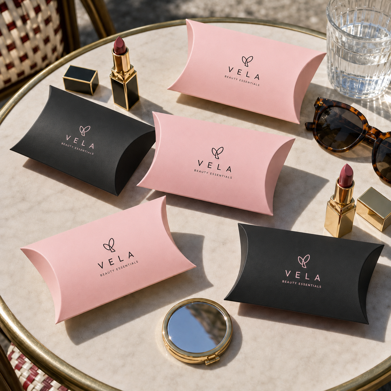 Custom cosmetic pillow boxes in pink and black with "Vela Beauty Essentials" branding, shown grouped closed on a table beside lipstick and a compact mirror.