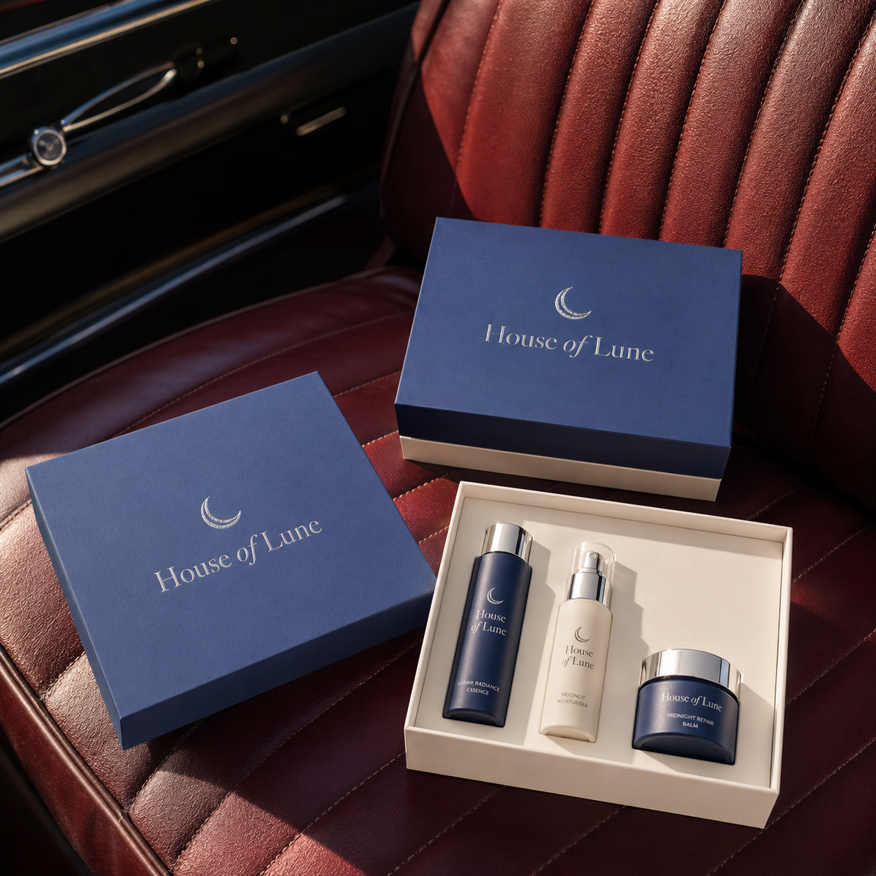 Custom cosmetic rigid boxes in navy blue with silver foil "House of Lune" branding and cream interior insert, shown closed and open with skincare bottles and a jar inside.