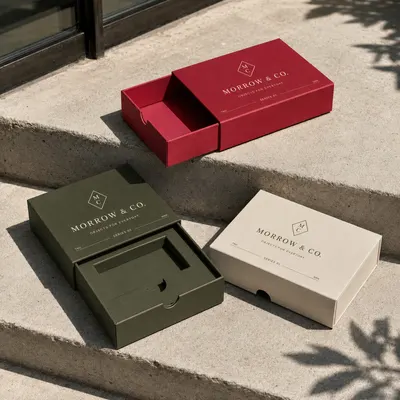 Custom drawer-style boxes in red, olive green, and cream with "Morrow & Co." branding, shown in sliding-drawer format, one open with a fitted insert.