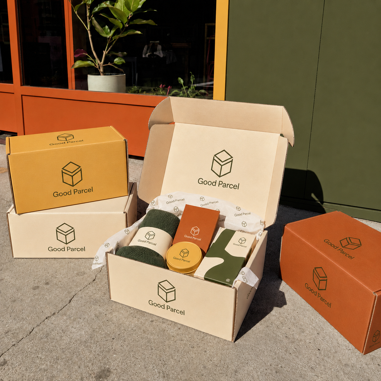 Custom ecommerce mailer boxes in cream, mustard, and orange with "Good Parcel" branding, stacked with one open showing tissue paper and various wrapped items inside.