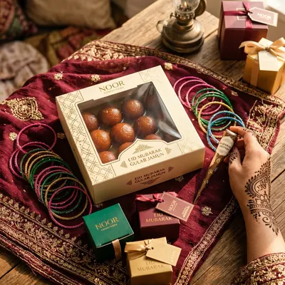 Custom Eid box in cream with gold lattice pattern and "Noor Confections" branding, windowed lid showing gulab jamun inside, additional ribboned boxes nearby.