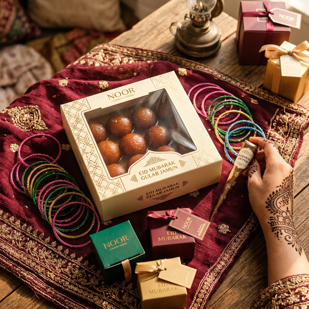 Custom Eid box in cream with gold lattice pattern and "Noor Confections" branding, windowed lid showing gulab jamun inside, additional ribboned boxes nearby.