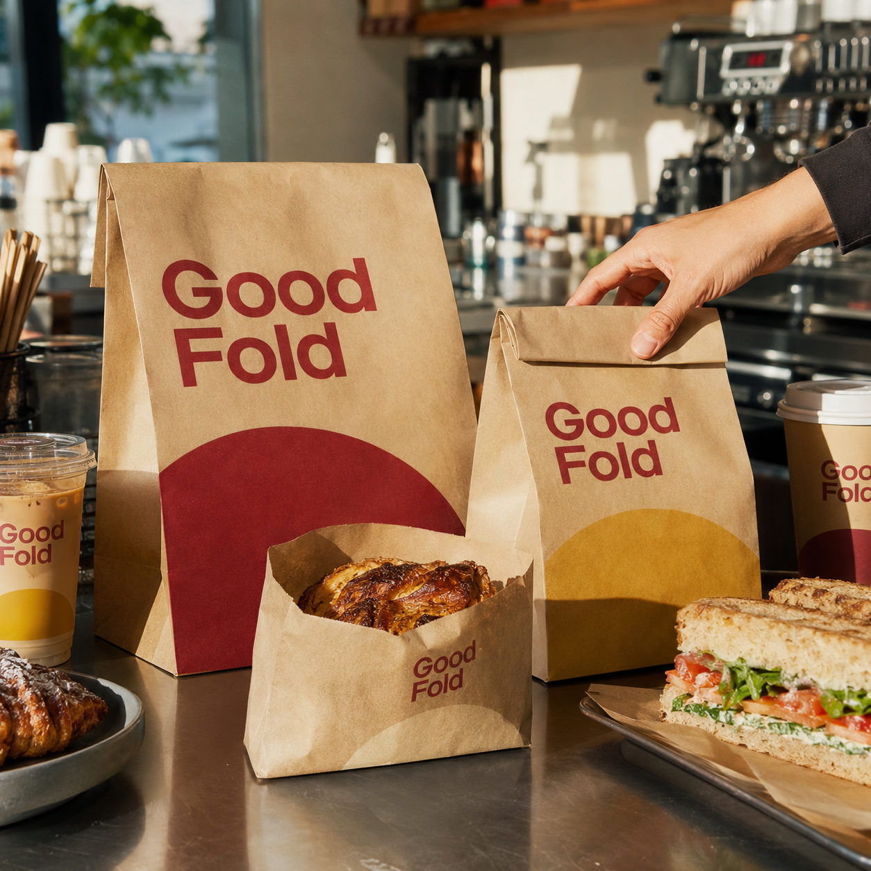 Custom food paper bags in kraft brown with red and yellow sun graphic and "Good Fold" branding, shown upright and open with baked goods inside.