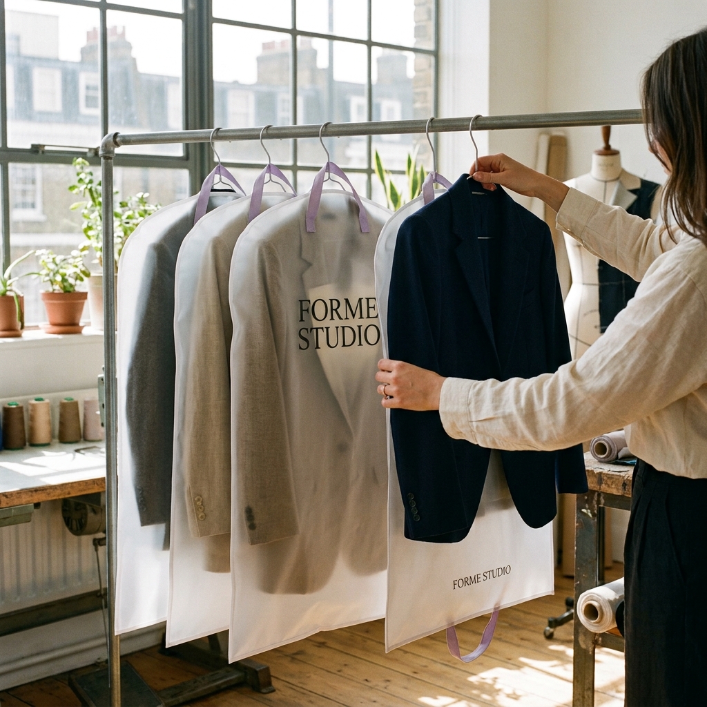 Custom garment sleeves in white with black "Forme Studio" branding and lavender handle straps, shown hanging on a rack over suit jackets.