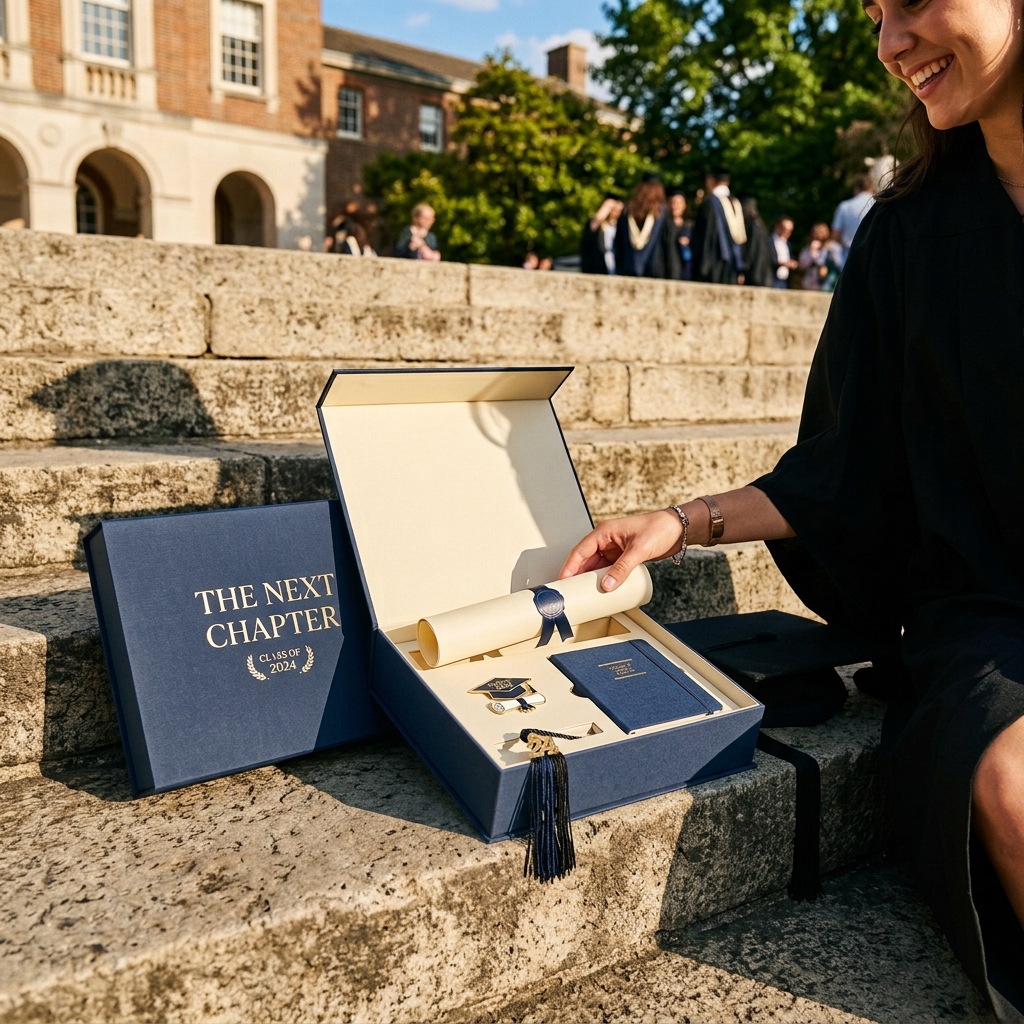 Custom graduation box in navy with gold foil "The Next Chapter" branding, shown open with cream interior holding a diploma scroll, notebook, and graduation cap pin.
