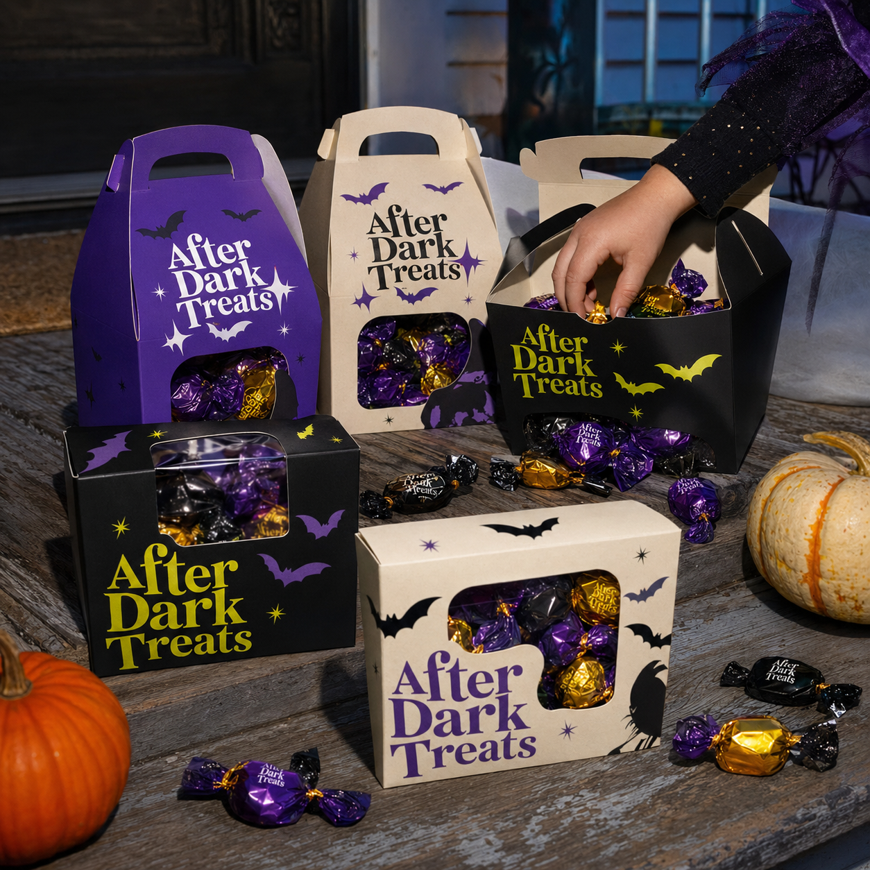 Custom Halloween treat boxes in purple, black, and cream with "After Dark Treats" branding, bat and star graphics, windowed lids showing wrapped candies inside.