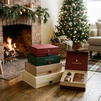 Custom holiday gift boxes in burgundy, dark green, and cream with gold foil "North & Pine" branding, stacked and shown open with a candle and wrapped notebook inside.