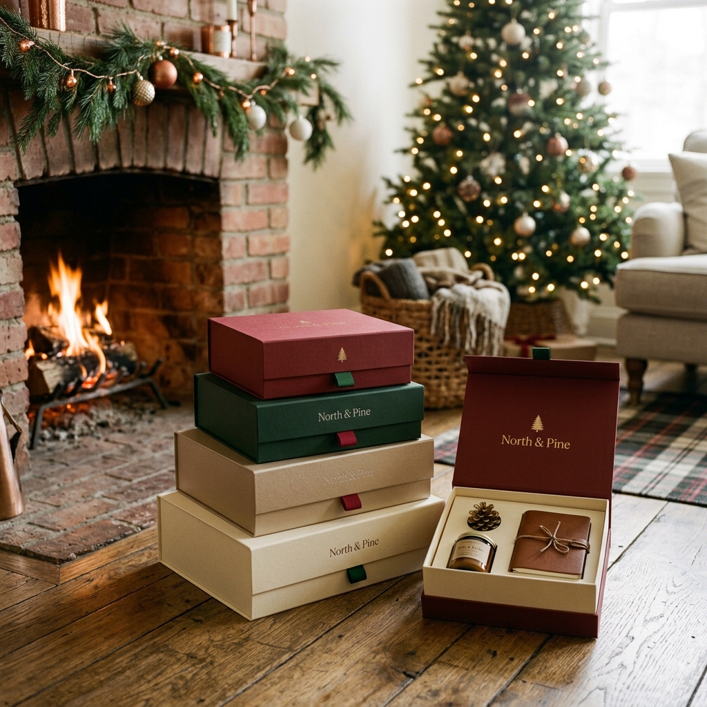 Custom holiday gift boxes in burgundy, dark green, and cream with gold foil "North & Pine" branding, stacked and shown open with a candle and wrapped notebook inside.