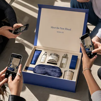 Custom influencer box in navy blue with cream "Meet the New Ritual, NOVA/01" branding, shown open with fitted compartments holding skincare bottles, jars, a sleep mask, and a small box.