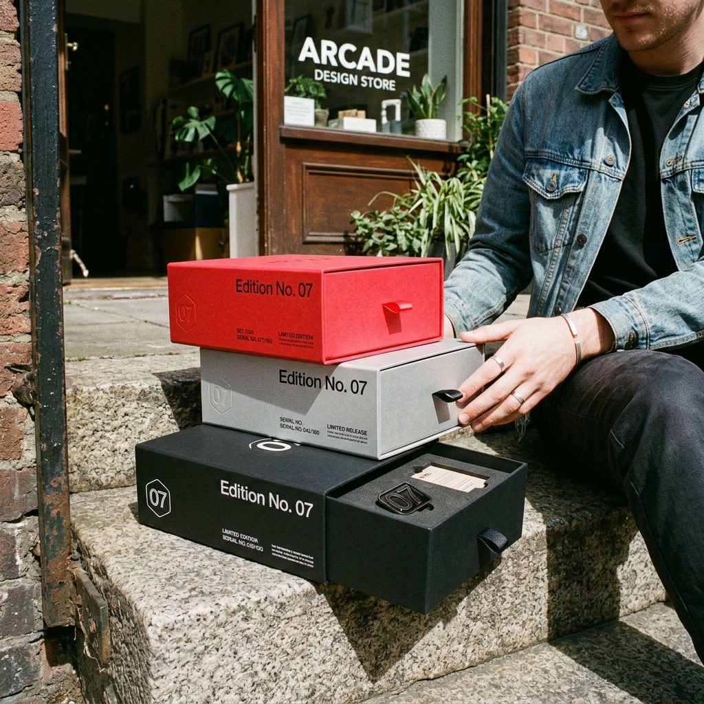 Custom limited edition boxes in red, gray, and black sliding drawer style with "Edition No. 07" branding and serial numbers, stacked with one open showing a fitted insert.