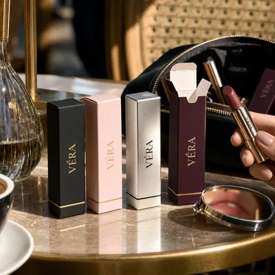 Custom lipstick boxes in black, pink, silver, and maroon with gold foil "Véra" branding, shown upright with one open and a lipstick held beside them.