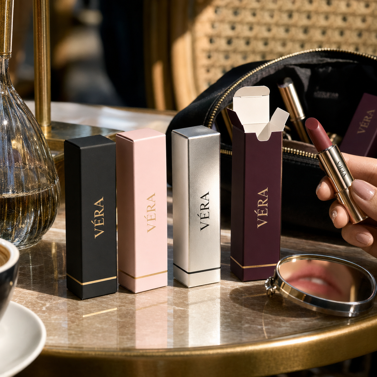 Custom lipstick boxes in black, pink, silver, and maroon with gold foil "Véra" branding, shown upright with one open and a lipstick held beside them.