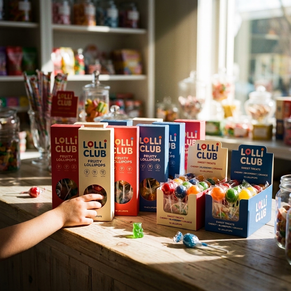 Custom lollipop boxes in red, cream, and blue with windowed panels and "Lolli Club" branding, shown grouped with display cartons filled with wrapped lollipops.
