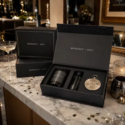 Custom New Year gift box in black with silver foil "Midnight / 2027" branding, shown open with fitted compartments holding a candle, bottle, and pocket watch.