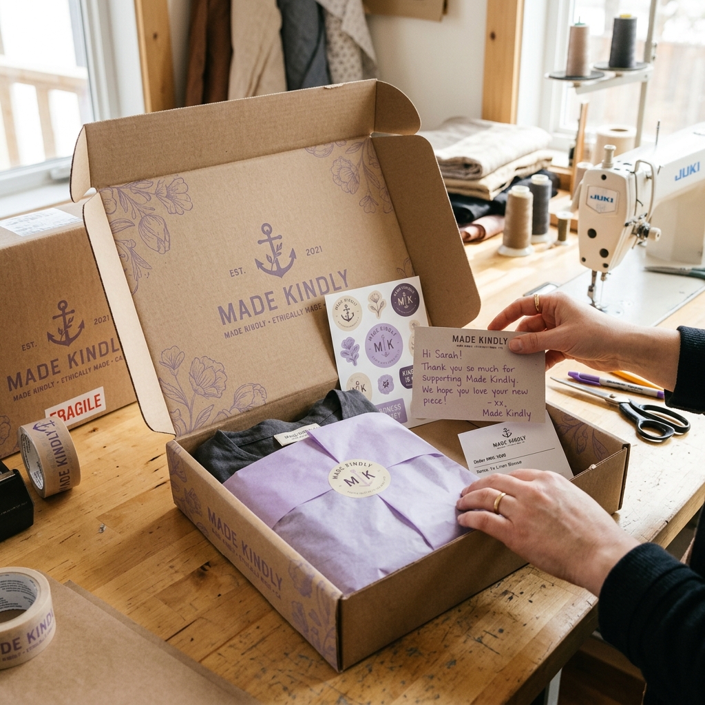Custom order box in kraft brown with purple floral illustration and "Made Kindly" branding, shown open with tissue-wrapped apparel, stickers, and a thank-you card inside.