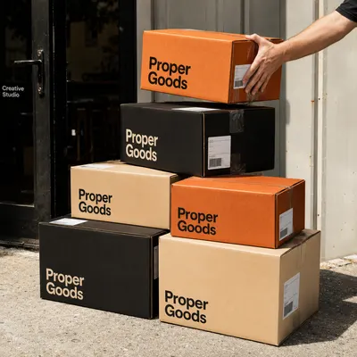 Custom parcel boxes in orange, black, and kraft with "Proper Goods" branding, stacked outside a storefront.