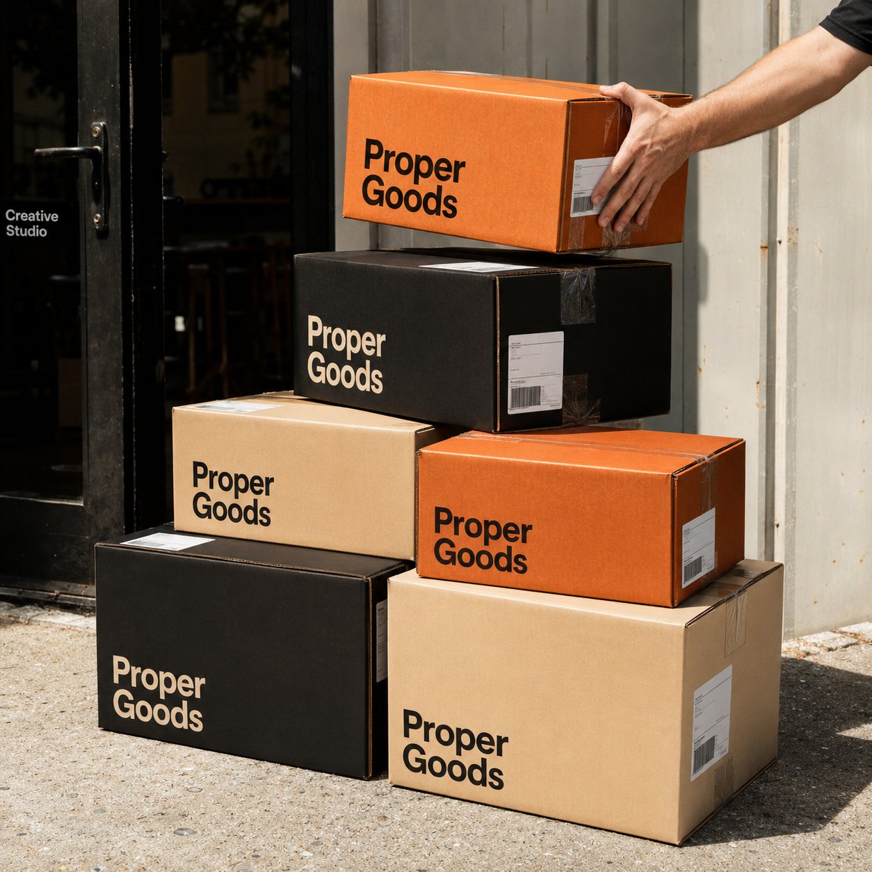 Custom parcel boxes in orange, black, and kraft with "Proper Goods" branding, stacked outside a storefront.