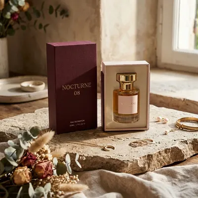 Custom perfume box in maroon with gold foil "Nocturne 08" branding, shown upright beside an open pink-lined display box holding a perfume bottle.