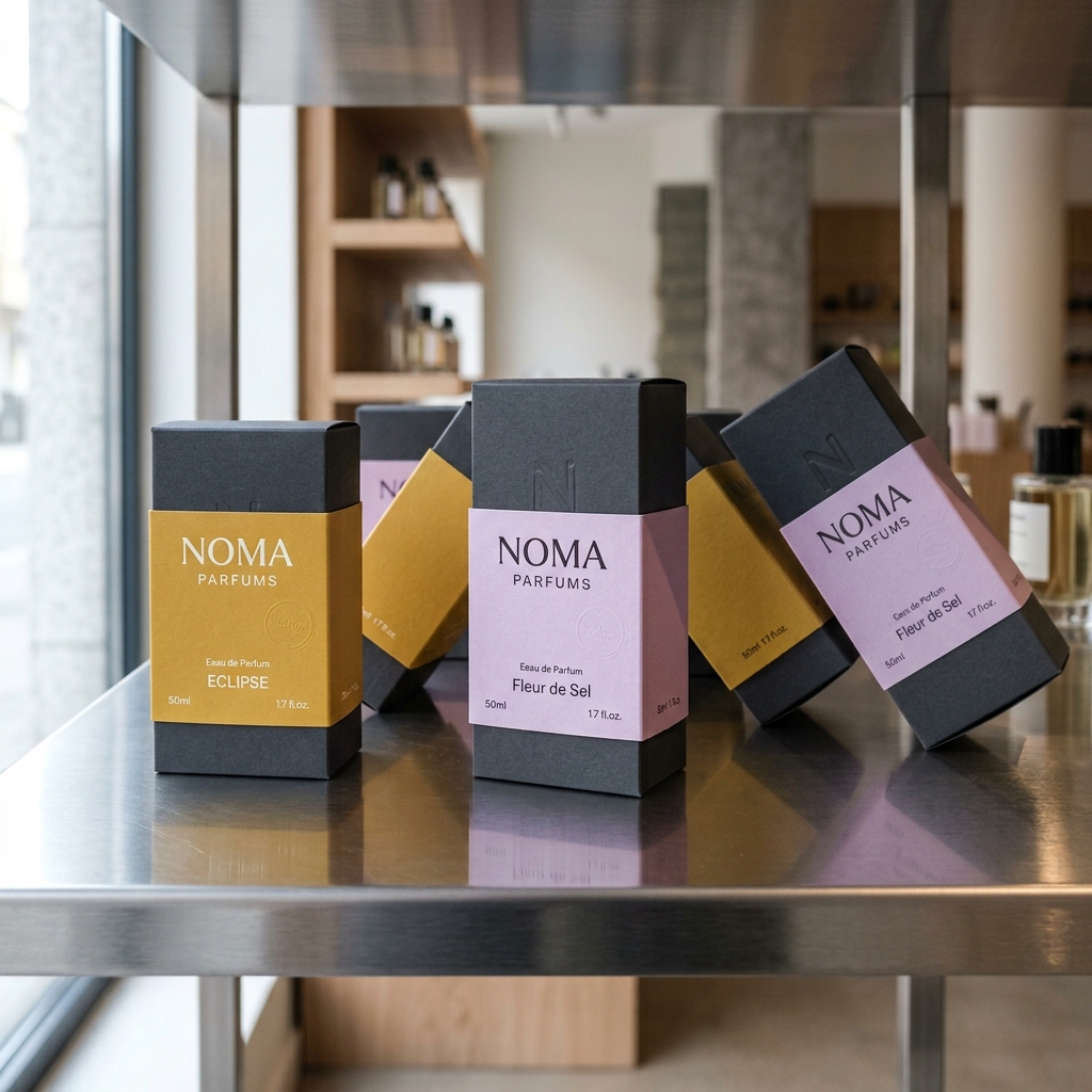 Custom perfume sleeves in mustard and lavender with debossed "N, Noma Parfums" branding, shown standing upright on a display shelf.