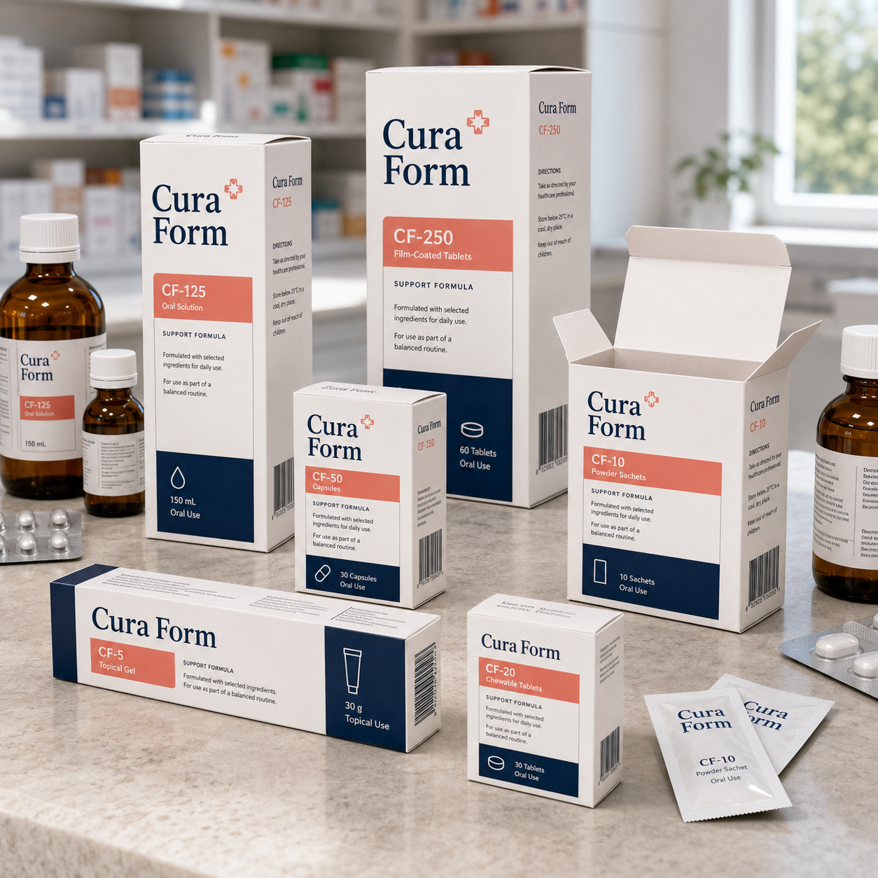 Custom pharma boxes in white with navy and coral "Cura Form" branding, shown in various sizes for oral solution, capsules, tablets, powder sachets, and topical gel, one open revealing a bottle.
