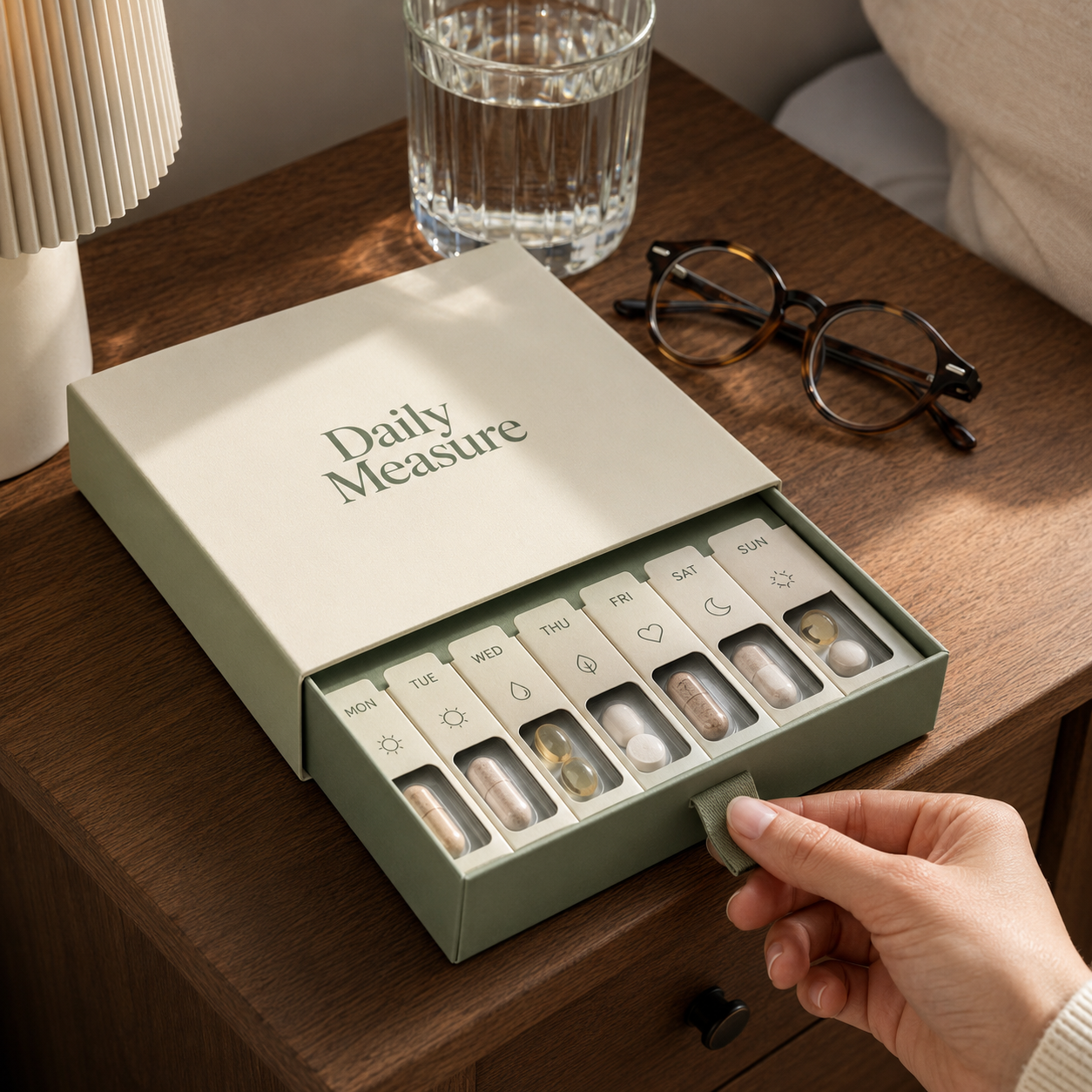 Custom pill box in sage green with cream "Daily Measure" branding, shown as a sliding weekly organizer with day labels and pills visible in each compartment.