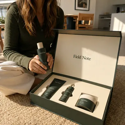 Custom PR box in dark green rigid magnetic-close style with "Field Note" foil branding, shown open with cream interior insert holding skincare bottles and jars.