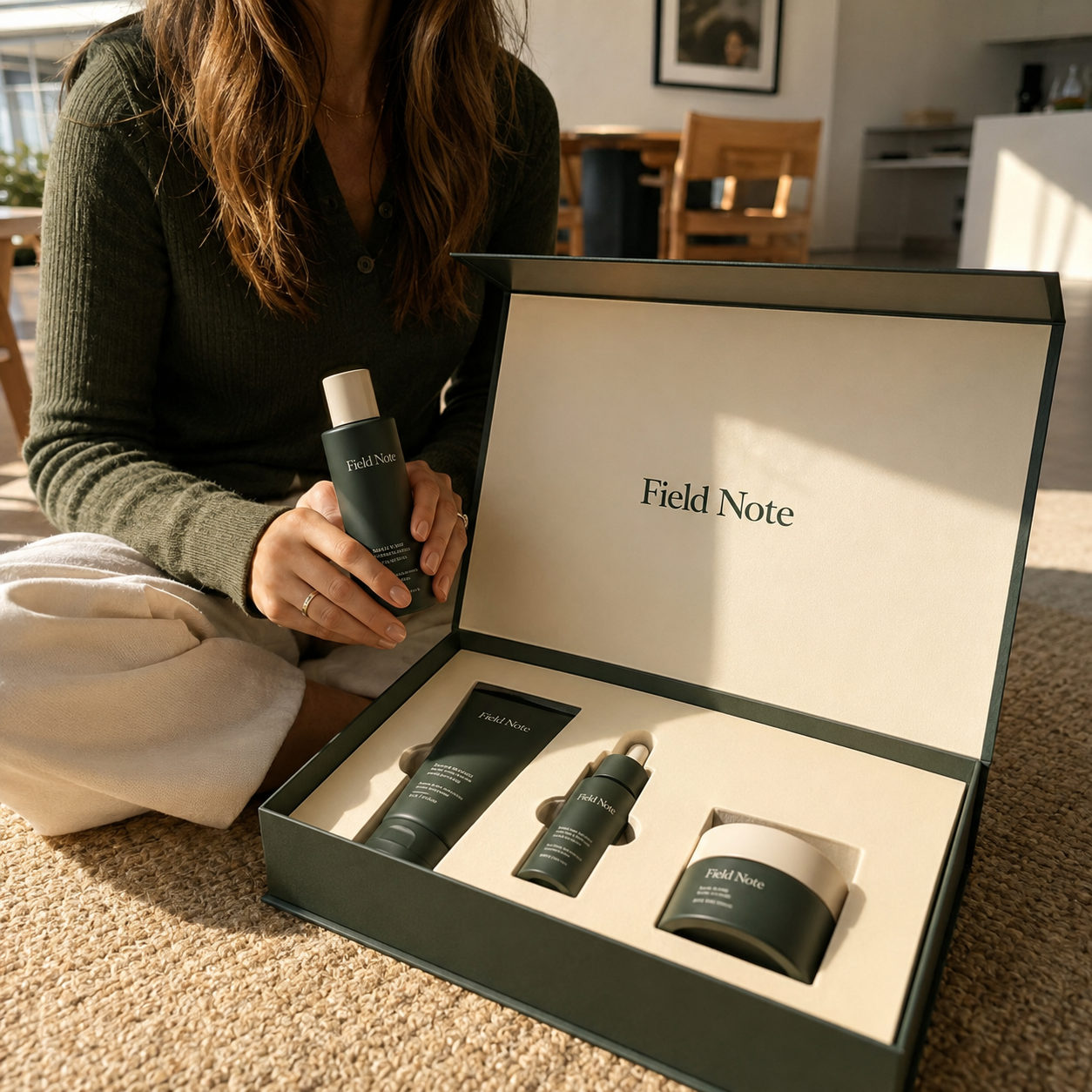 Custom PR box in dark green rigid magnetic-close style with "Field Note" foil branding, shown open with cream interior insert holding skincare bottles and jars.
