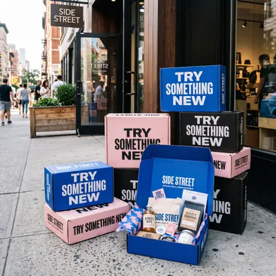 Custom promotional mailer boxes in blue, pink, and black with "Side Street" and "Try Something New" print, stacked outside a storefront with one open showing tissue paper and branded inserts.