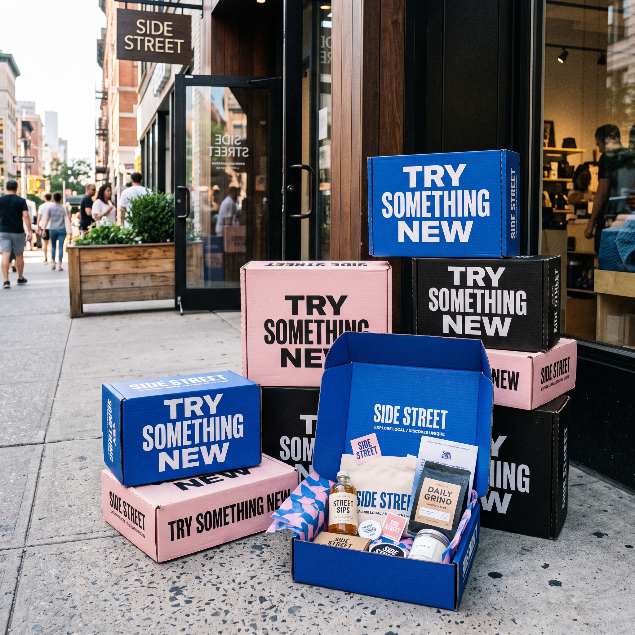 Custom promotional mailer boxes in blue, pink, and black with "Side Street" and "Try Something New" print, stacked outside a storefront with one open showing tissue paper and branded inserts.