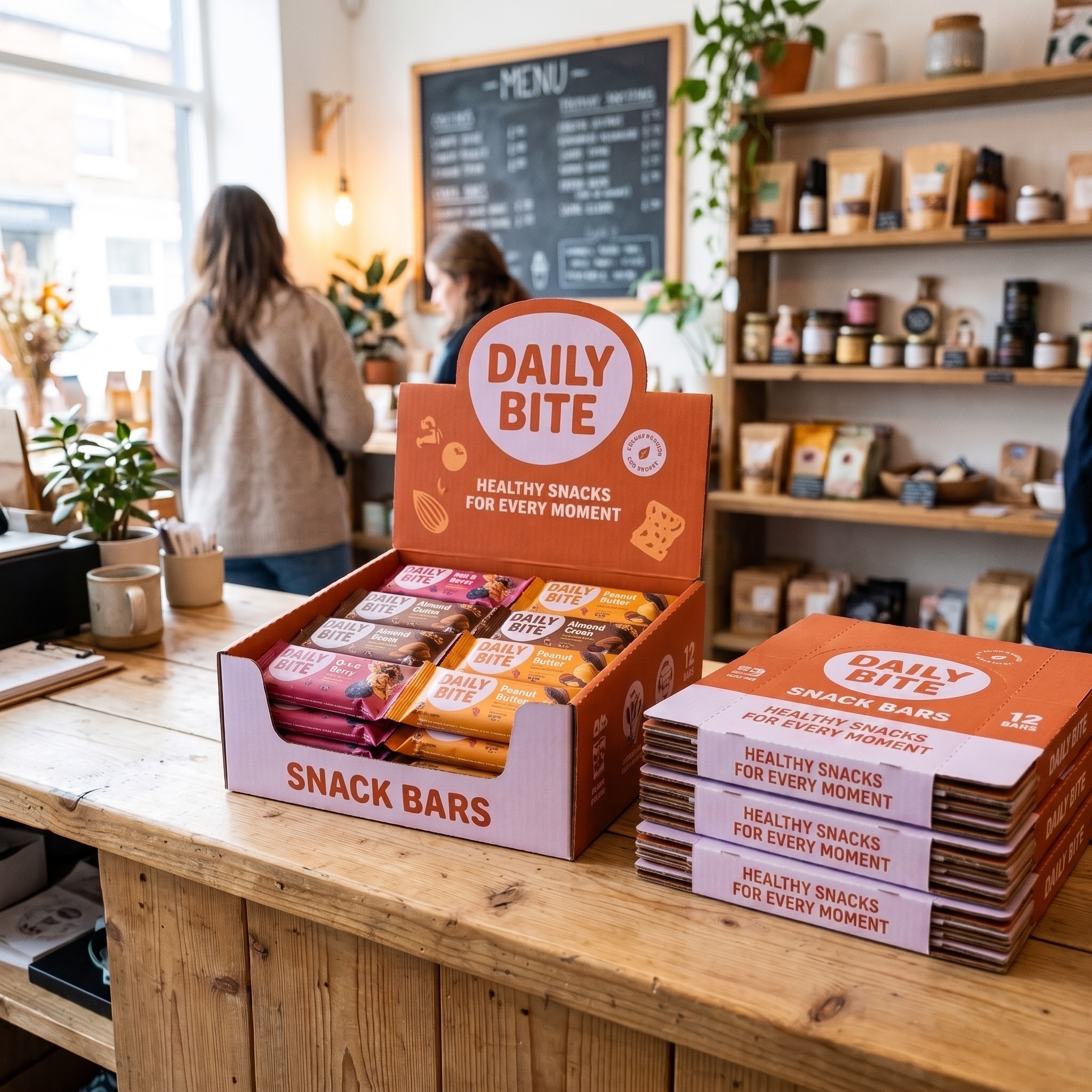 Custom retail display box in orange and lavender with "Daily Bite" branding, shown open on a counter holding individually wrapped snack bars, with additional closed cartons beside it.