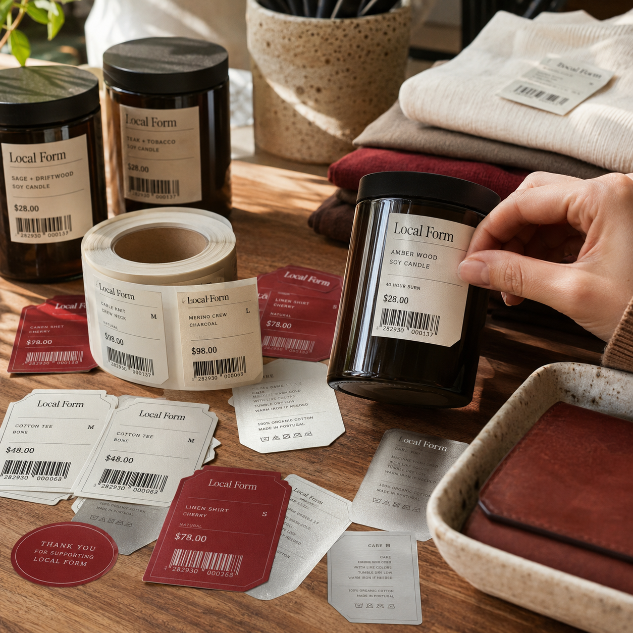 Custom retail labels in cream, red, and silver with "Local Form" branding, shown as a roll and individual tags/labels applied to jarred candles and folded apparel.