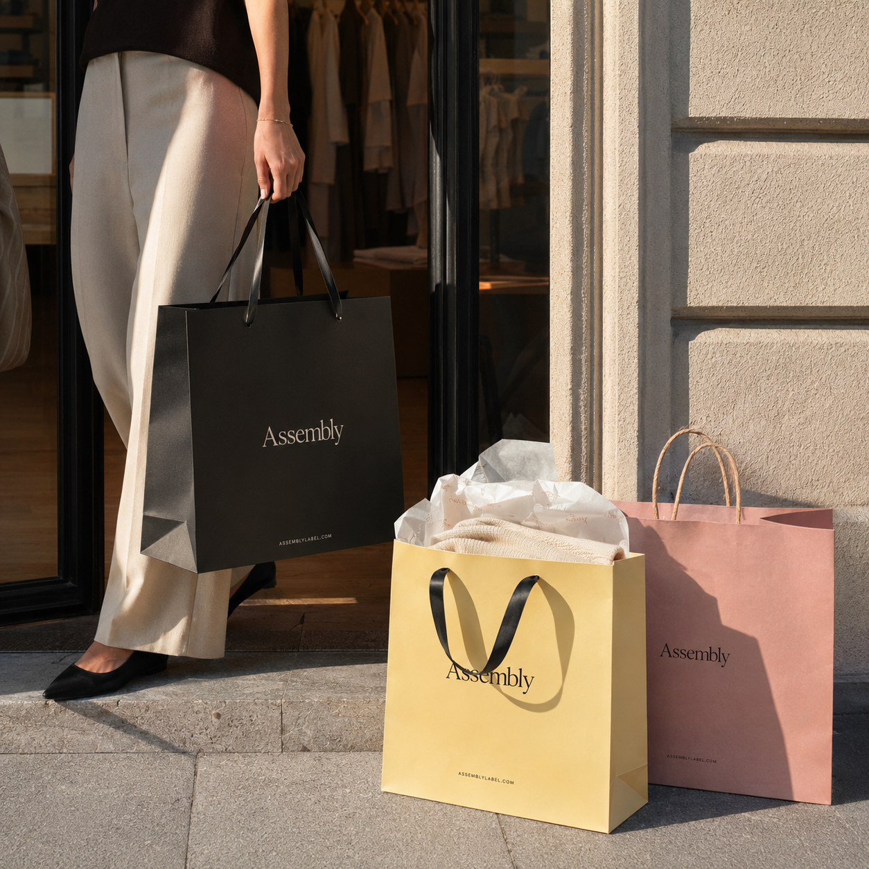 Custom retail paper bags in black, yellow, and pink with ribbon handles and "Assembly" branding, carried outside a storefront.