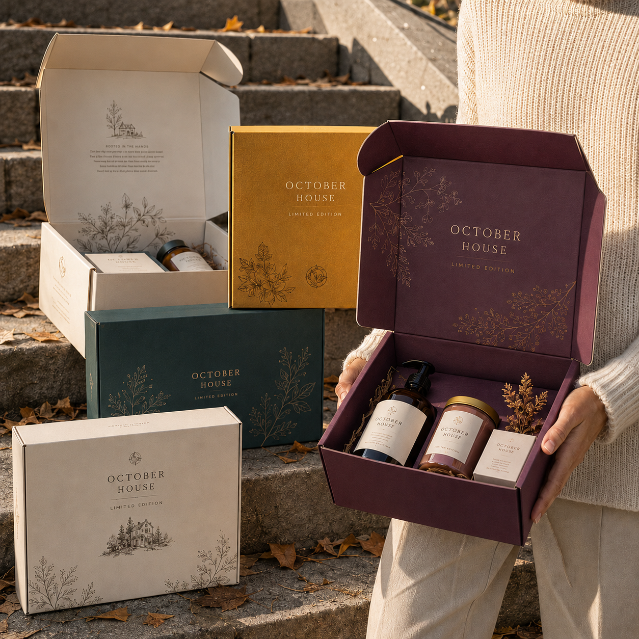 Custom seasonal campaign boxes in cream, mustard gold, dark green, and maroon, mailer-style construction with foil botanical detailing; one box is open revealing bottles and jars inside.