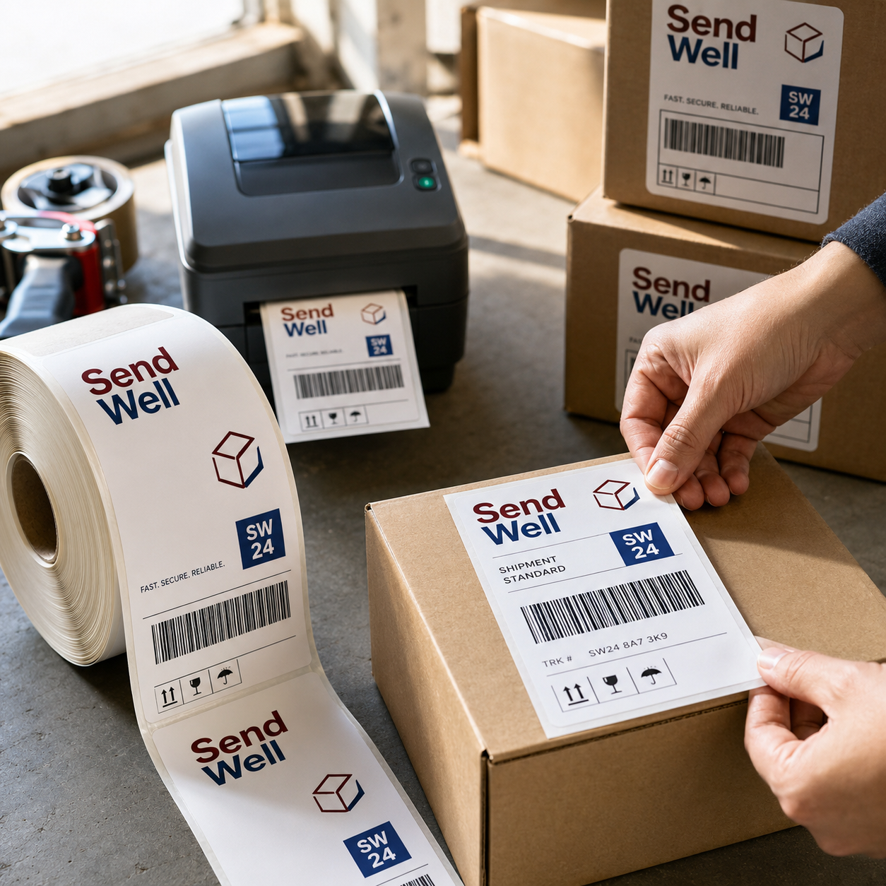 Custom shipping labels in white, red, and blue with "Send Well" branding and barcode, applied to cardboard boxes and shown printing from a label printer.
