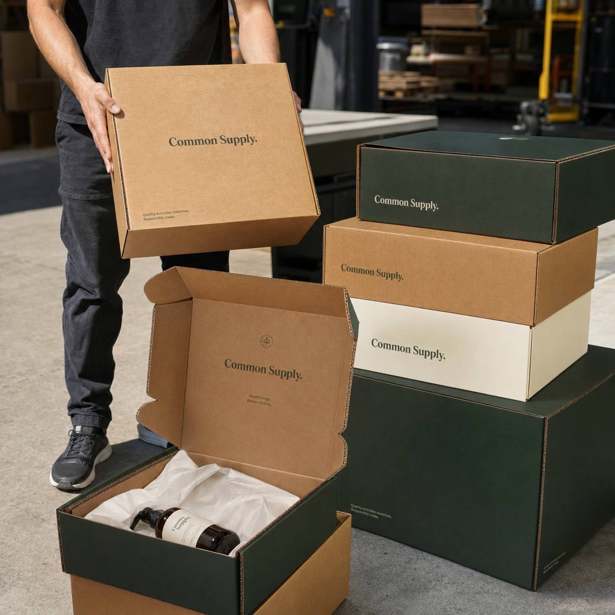Custom shipping mailer boxes in kraft, dark green, and cream with "Common Supply" branding, stacked with one open showing tissue paper and a pump bottle inside.