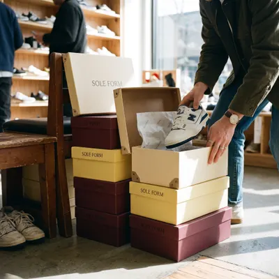 Custom shoe boxes in cream, burgundy, and yellow with "Sole Form" branding, stacked in a shop with one open showing a sneaker in tissue paper.