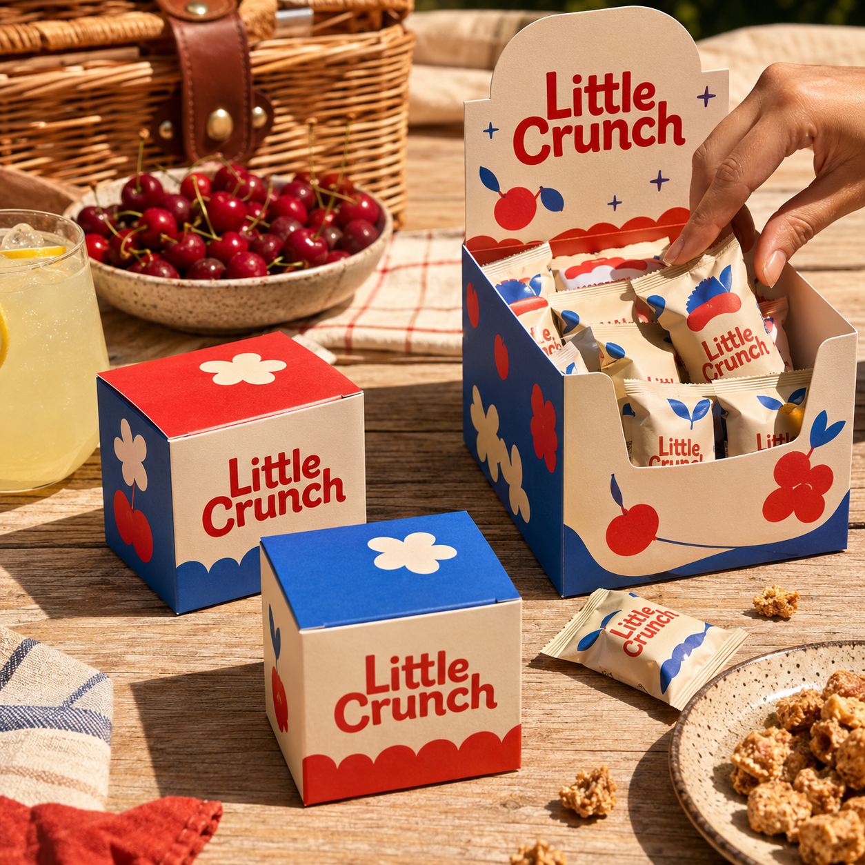 Custom snack boxes in red, blue, and cream with "Little Crunch" branding and fruit graphics, shown as small cube boxes and a display carton filled with individually wrapped snacks.
