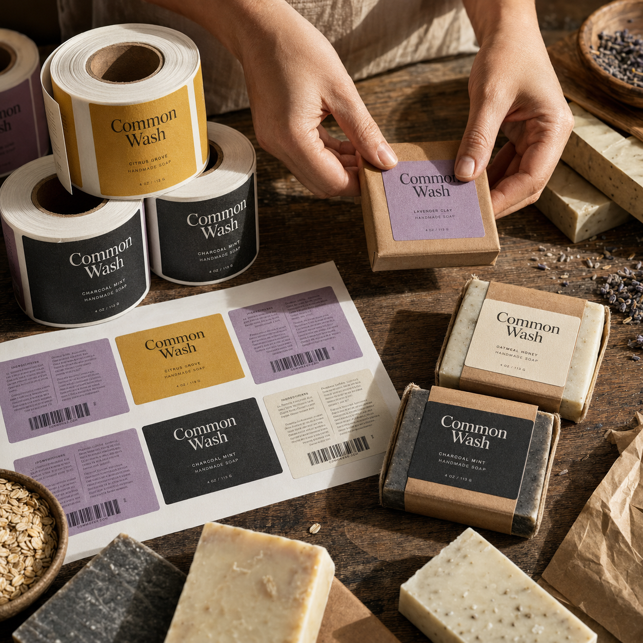 Custom soap labels in purple, gold, black, and cream with "Common Wash" branding, shown as rolls and applied to kraft-wrapped soap bars.