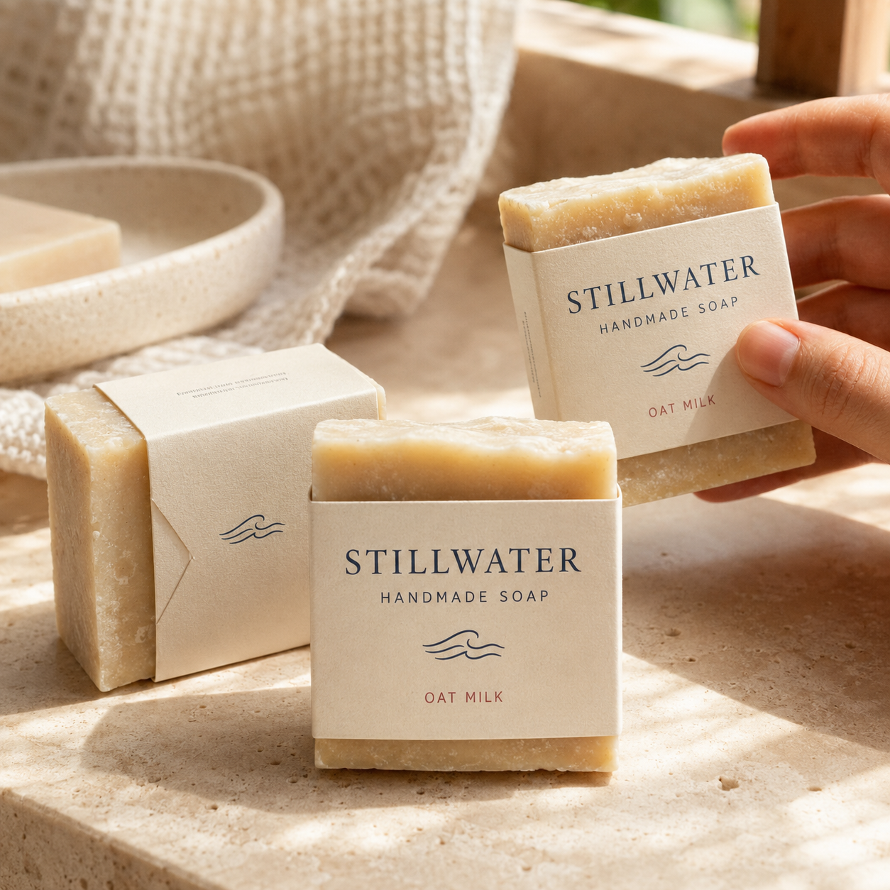 Custom soap sleeves wrapped around handmade bars, one held in hand
